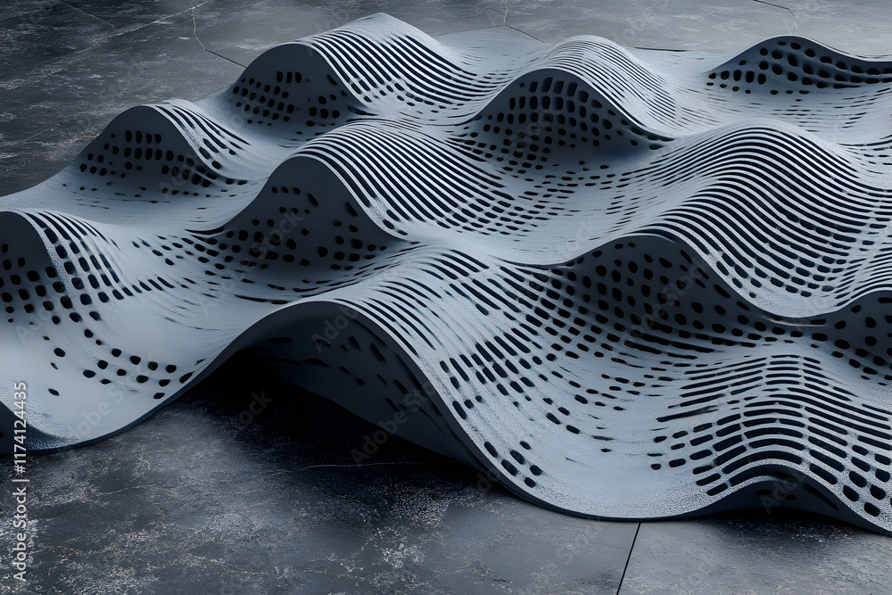 Poster abstract 3d rendered image of a textured, undulating surface with a pattern of holes, resembling wav