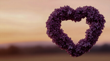 Heart-shaped purple flower wreath against sunset background