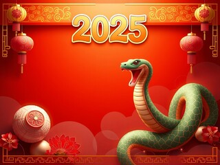 A festive banner background for Chinese New Year 2025 featuring the zodiac symbol of a snake, with vibrant colors and traditional decorations, 2025, Chinese New Year, zodiac