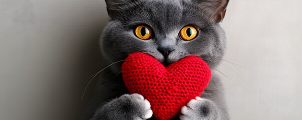 Gray British cat with yellow eyes holds a red knitted heart on a gray background. Valentine's Day, for a greeting card or advertising banner with copy space. Romantic gift, celebrating February 14.