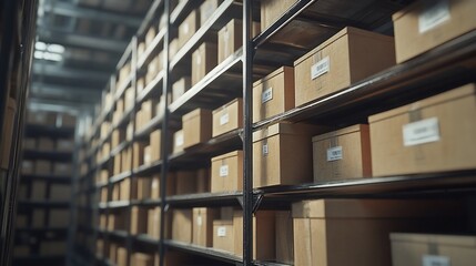 Obraz premium Cardboard boxes on metal shelves in warehouse.