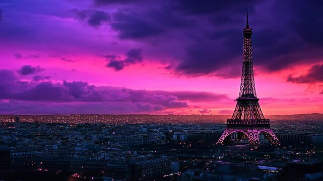 Colorful sunset over Paris with the Eiffel Tower illuminated in vibrant hues, showcasing the city's beauty and charm at dusk