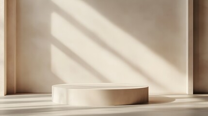 Fototapeta premium A simple, light beige wall in an empty room serves as a minimalist background for presentations, featuring elegant lighting and abstract shadows