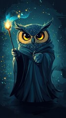 Obraz premium Magical Owl with Glowing Eyes and Staff Floating in Starry Night Sky Mystical Creature with Ethereal Supernatural Powers