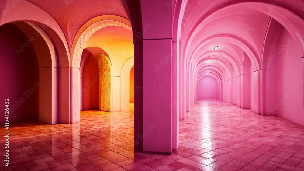 Poster intricate pink archway corridor with glowing light creating a surreal atmosphere in an architectural