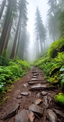 Obraz premium Misty Forest Trail, Stone Path, Hiking, Nature, Adventure