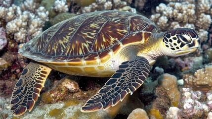 Obraz premium Close-Up of Sea Turtle in Natural Coral Reef Light