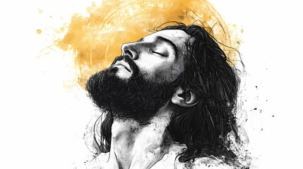 Fototapeta premium Portrait of jesus with closed eyes gazing heavenward in a hand-drawn illustration featuring a golden halo and detailed ink work on a white background. Ravenwood. Illustration