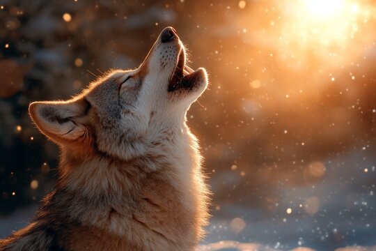 Wolf howling at sunset in winter forest