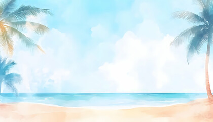 Obraz premium Serene watercolor beach scene featuring palm trees, a tranquil ocean, and a sandy shore, perfect for summer vacation themes and travel projects.