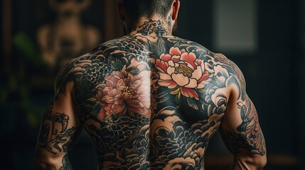 Naklejka premium Muscular man's back with large floral Japanese-style tattoo.