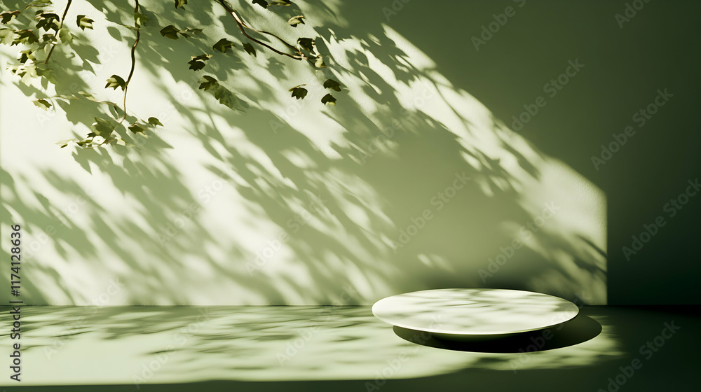 Poster serene minimal scene featuring a round platform bathed in dappled sunlight filtering through leaves.