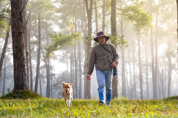 Adventurer is trekking through the woodland forest with his pet dog while playing together in the...