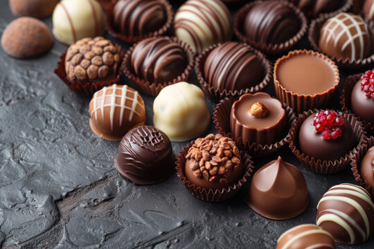 Assortment of fine chocolates, white, dark and milk chocolate. Candy background., ..     