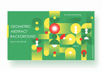 Geometric Abstract Backgrounds Design. Composition of simple geometric shapes on a white background. For use in Presentation, Flyer and Leaflet, Cards, Landing, Website Design. Vector illustration.