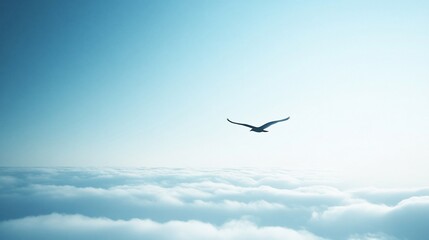 Fototapeta premium Lone bird soaring above a sea of clouds under a clear sky.