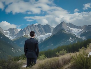 man in formal suit standing in front of majestic snow-capped mountain range serene landscape natural beauty inspirational view peaceful environment leadership solitude confidence exploration outdoors
