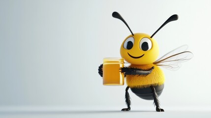 Obraz premium Cheerful Cartoon Bee Holding a Jar of Honey Against a Light Background