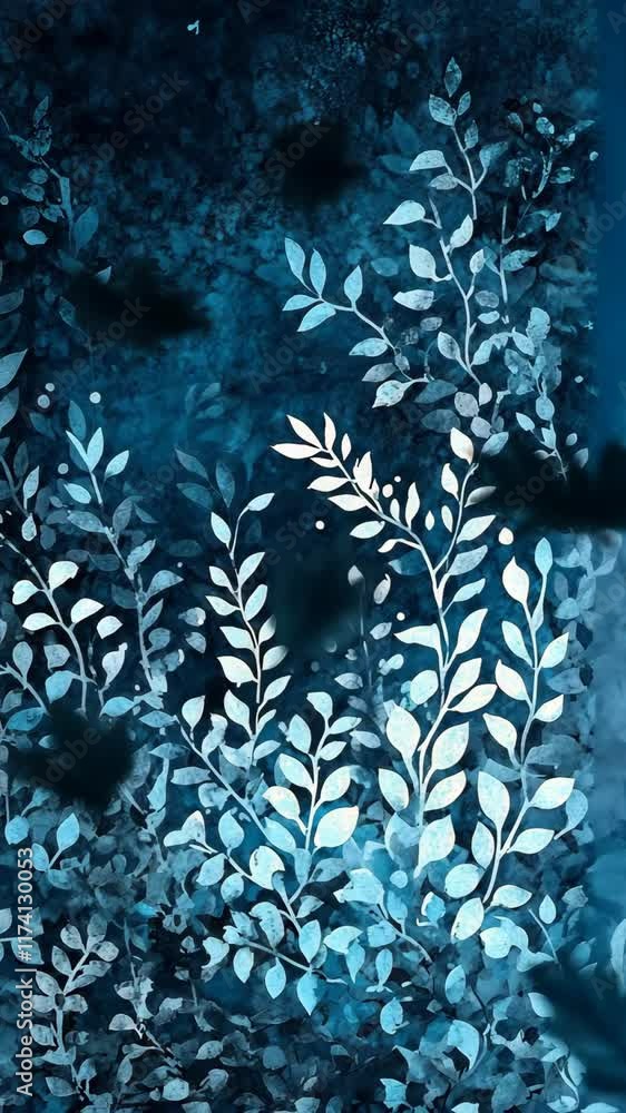 Poster artistic representation of foliage with intricate patterns on a dark blue background