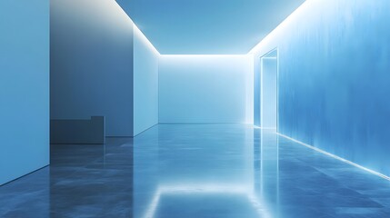 A sleek, minimalist interior with a light blue wall, built-in lighting, and a polished floor serves as a versatile backdrop for presentations and graphy