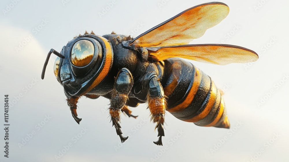 Poster hyper-realistic close-up of a bee in mid-flight against a soft background