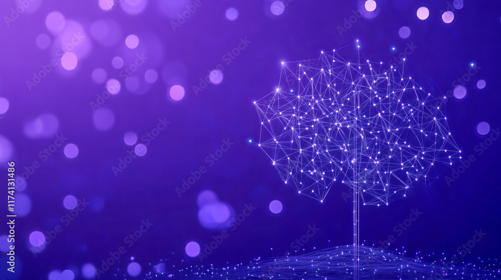 Poster digital tree: futuristic network of connected nodes on purple background