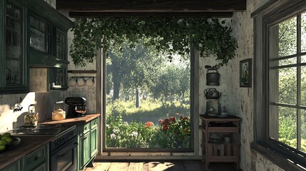A cozy kitchen with a view of a lush garden through a large window.