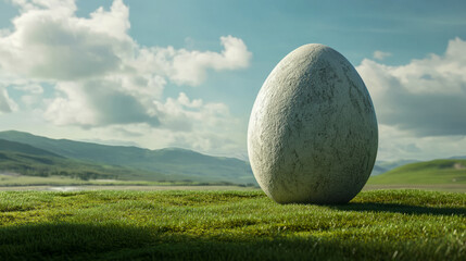 Giant egg on grassy landscape with mountains under a cloudy sky
