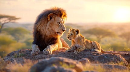 Majestic African lion and cub at sunset, resting on a rock.