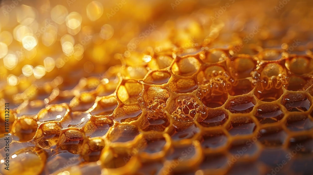 Poster close-up of honeycomb showcasing honey's golden texture and hexagonal structure.