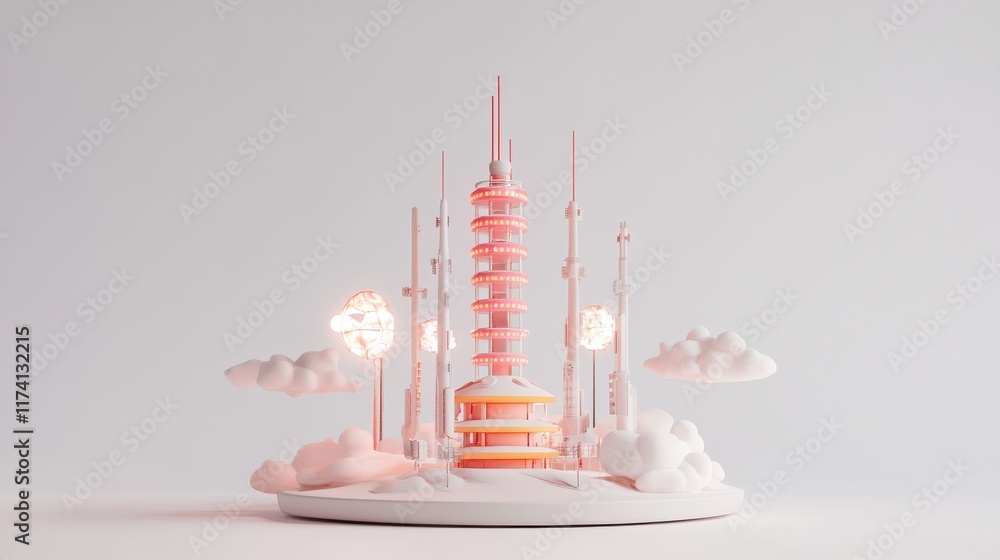 Poster Futuristic Cityscape with Abstract Structures and Soft Clouds