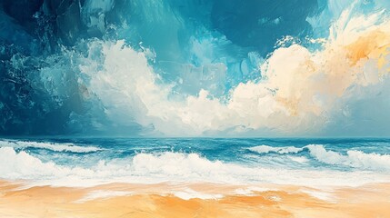 Seascape painting, ocean waves crashing on sandy beach under dramatic sky.