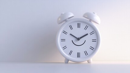 White Alarm Clock with Happy Face on Minimalist Background