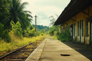 Fototapeta premium Abandoned train station overgrown with vegetation in tropical setting
