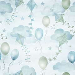 Watercolor seamless boho pattern for boys with hot air balloons, stars, clouds on a white background.