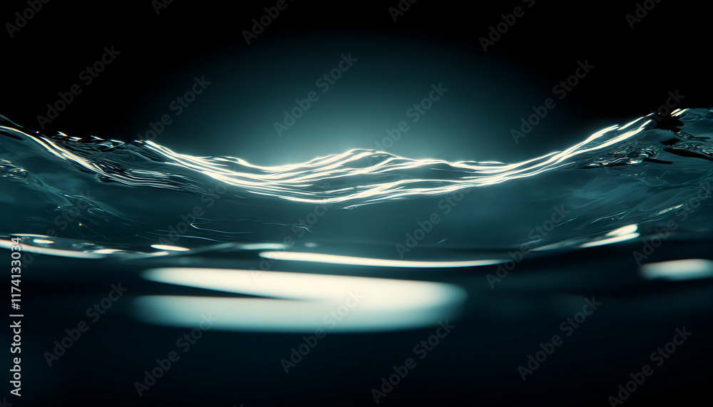 Poster abstract underwater scene featuring dark teal waves illuminated from below, creating a mysterious an