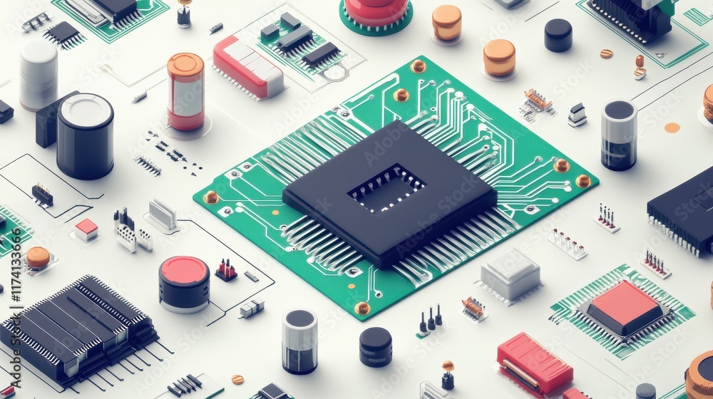 Poster intricate microchip design on circuit board with electronic components