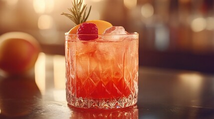 Refreshing summer cocktail with raspberry and peach garnish.