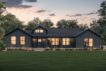 Obraz premium Modern black farmhouse architecture showcased at twilight with warm light emanating from windows, surrounded by greenery and landscaped yard
