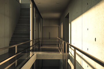 Obraz premium A modern interior featuring a staircase and glass railing, highlighting minimalist design.