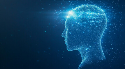 Futuristic digital head with sparkling lights on dark background