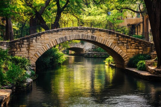 Stone arch bridge crossing the san antonio riverwalk in texas