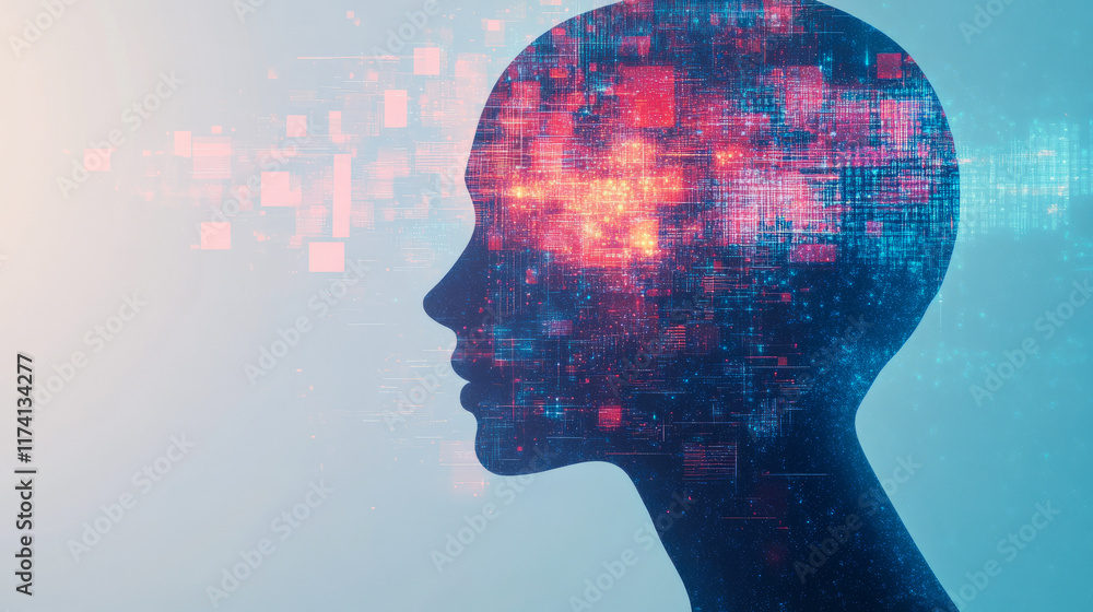 Poster digital silhouette with abstract neural network in futuristic design