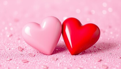 Obraz premium Zwei glänzende Herzen, eines rosa und eines rot, auf glitzerndem rosa Hintergrund symbolisieren Liebe und Zuneigung – perfekt für Valentinstag oder Grußkarten. Generative KI.