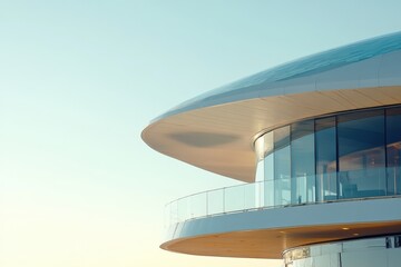Modern architecture showing futuristic building with glass balcony and curved roof