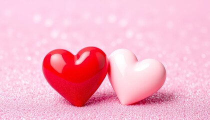 Obraz premium Zwei glänzende Herzen, eines rosa und eines rot, auf glitzerndem rosa Hintergrund symbolisieren Liebe und Zuneigung – perfekt für Valentinstag oder Grußkarten. Generative KI.