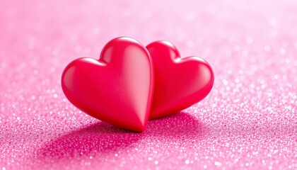 Obraz premium Zwei glänzende rote Herzen auf einem sanft glitzernden rosa Hintergrund symbolisieren Liebe und Romantik – ideal für Valentinstag oder Hochzeitskarten. Generative KI.