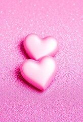 Fototapeta premium Zwei glänzende rosa Herzen auf glitzerndem Hintergrund symbolisieren Liebe, Romantik und Zuneigung – perfekt für Valentinstag oder Grußkarten. Generative KI.