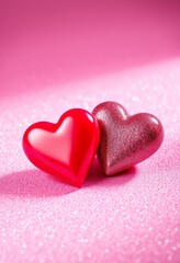 Obraz premium Zwei glänzende rote Herzen auf einem sanft glitzernden rosa Hintergrund symbolisieren Liebe und Romantik – ideal für Valentinstag oder Hochzeitskarten. Generative KI.