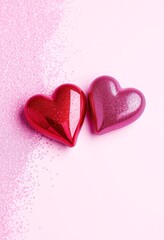 Obraz premium Zwei glänzende rote Herzen auf einem sanft glitzernden rosa Hintergrund symbolisieren Liebe und Romantik – ideal für Valentinstag oder Hochzeitskarten. Generative KI.